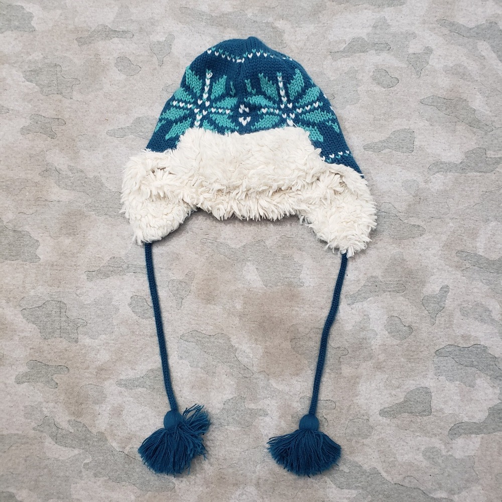 Life is Good Trapper Hat Women One Size Blue Snowflake Faux Fur Fleece Lined Pom